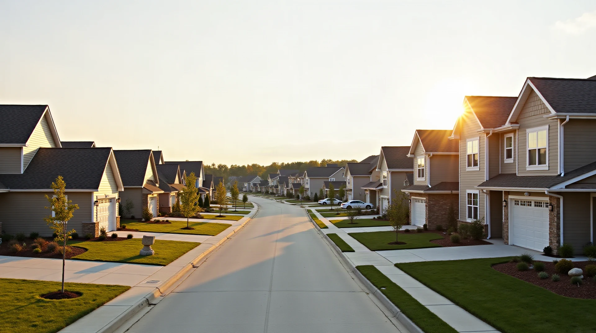 Wide photograph of a suburban Iowa neighborhood street with houses with new shingle roofs, large open sky occupying the top half, roofs in lower band, golden ho