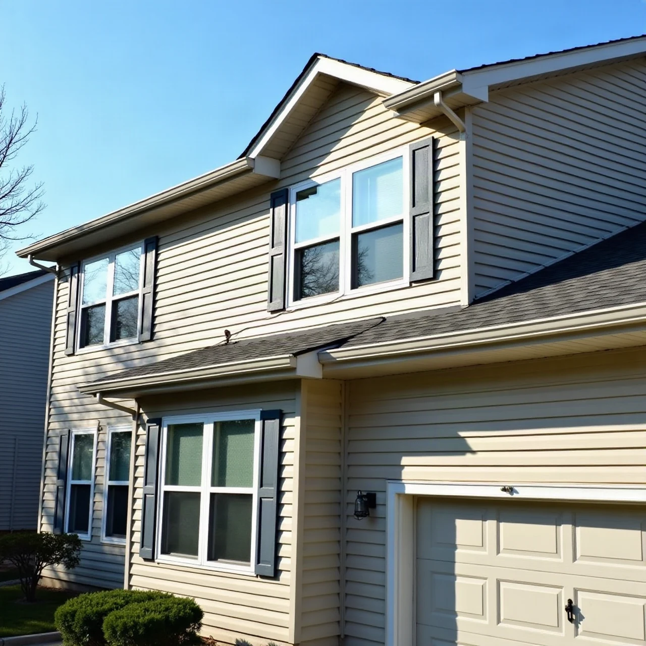 Photograph of a two-story Midwestern family house with a full asphalt shingle roof plane visible from ridge to eaves, ridge vent at top, open field of dark grey