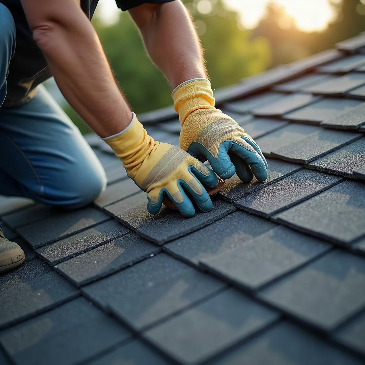 Close photograph of a roofer's gloved hands nailing new architectural asphalt shingles on a residential roof, natural daylight